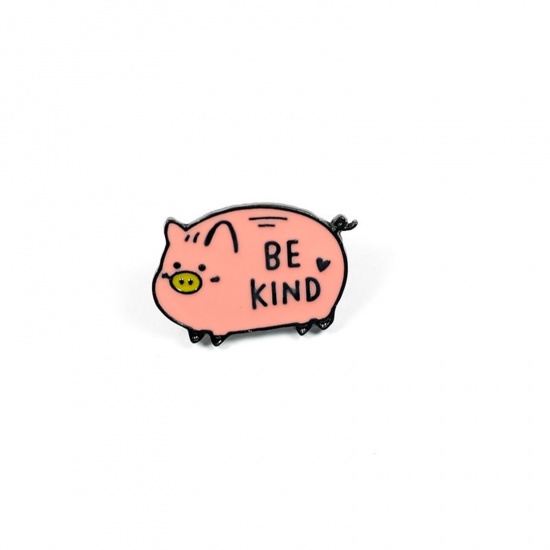Picture of Cute Pin Brooches Pig Animal Message " BE KIND " Orange Pink Enamel 2.6cm x 1.6cm, 1 Piece