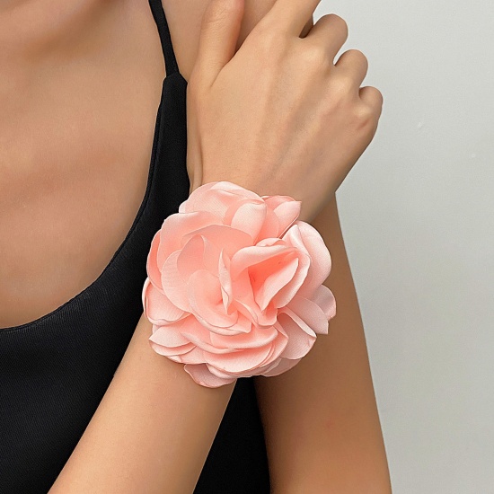 Picture of Flocking Wedding Bracelets Pink Rose Flower 15cm(5 7/8") long, 1 Piece