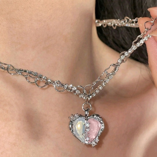 Picture of Y2K Multilayer Layered Necklace Silver Tone White & Pink Heart Clear Rhinestone 42cm-44cm long, 1 Piece