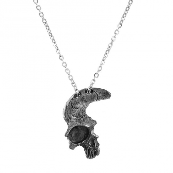 Picture of Gothic Pendant Necklace Antique Pewter Halloween Skeleton Skull 45cm(17 6/8") long, 1 Piece