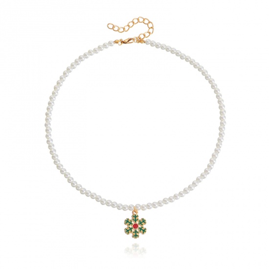 Immagine di Elegante Collana con Ciondolo Oro Placcato Natale Fiocco di Neve Imitata Perla 40cm Lunghezza, 1 Pz