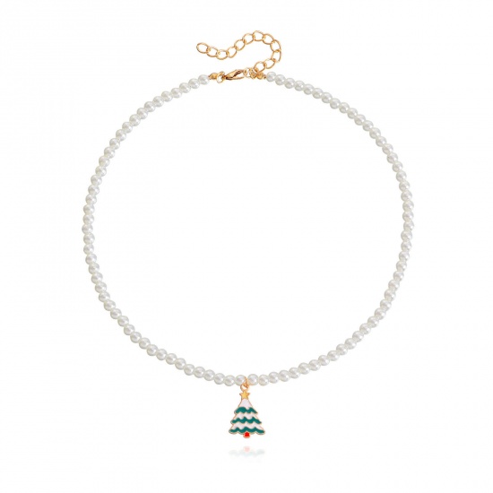 Immagine di Elegante Collana con Ciondolo Oro Placcato Albero di Natale Imitata Perla 40cm Lunghezza, 1 Pz