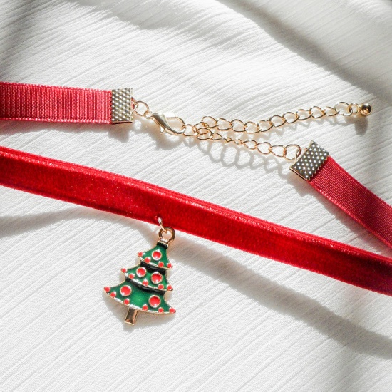 Picture of Stylish Choker Necklace Gold Plated Red Christmas Tree Enamel 30cm(11 6/8") long, 1 Piece