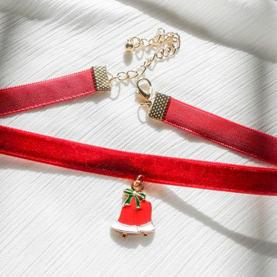 Picture of Stylish Choker Necklace Gold Plated Red Christmas Jingle Bell Enamel 30cm(11 6/8") long, 1 Piece