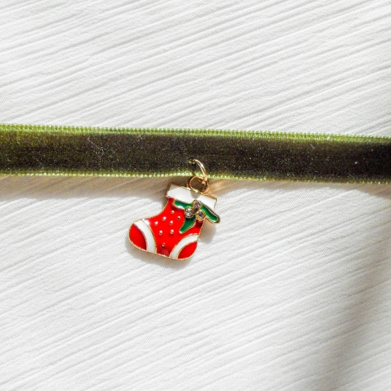 Immagine di Elegante Strozzatore Collana Oro Placcato Verde Calza di Natale Smalto lunghezza: 30cm, 1 Pz