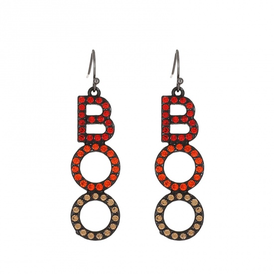 Picture of Halloween Earrings Silver Tone Red Message " Boo " Multicolor Rhinestone 4cm, 1 Pair