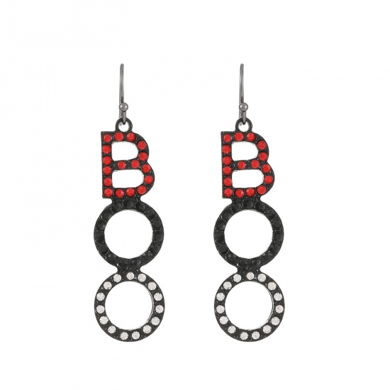 Picture of Halloween Earrings Silver Tone Black Message " Boo " Multicolor Rhinestone 4cm, 1 Pair