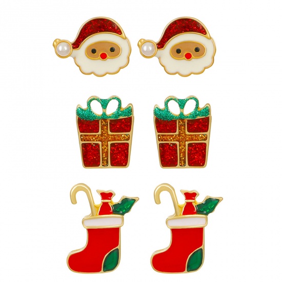 Picture of Stylish Ear Post Stud Earrings Set Gold Plated Christmas Stocking Gift Box 1.2-1.5cm, 1 Set ( 3 Pairs/Set)