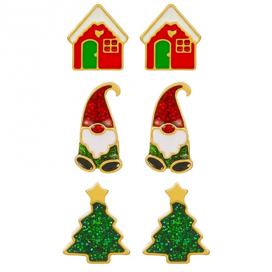 Picture of Stylish Ear Post Stud Earrings Set Gold Plated House Christmas Santa Claus 1.3cm-1.6cm, 1 Set ( 3 Pairs/Set)