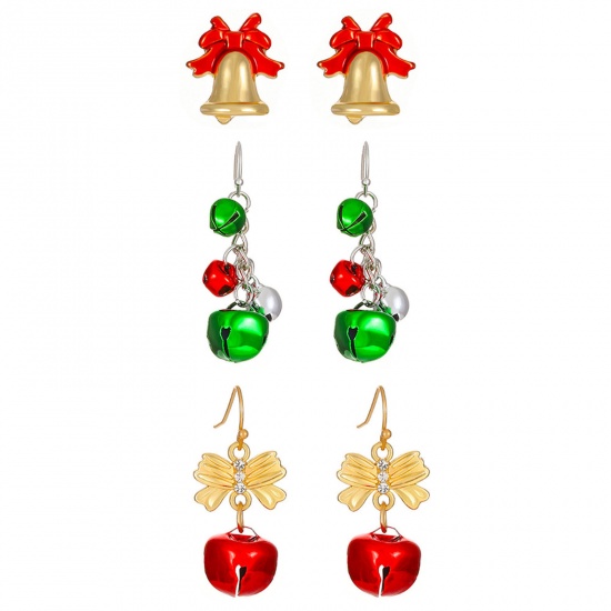 Picture of Christmas Earrings Gold Plated Bell Bowknot 2cm-4cm, 1 Set ( 3 Pairs/Set)