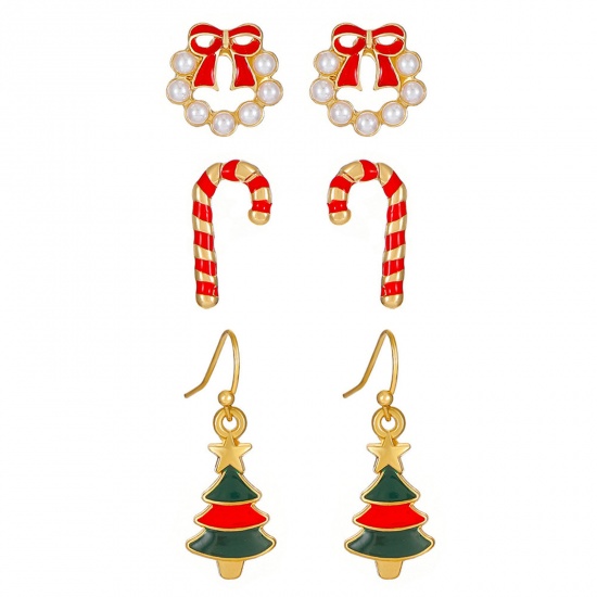 Picture of Stylish Earrings Gold Plated Christmas Candy Cane Christmas Wreath Imitation Pearl 1.5cm-4cm, 1 Set ( 3 Pairs/Set)