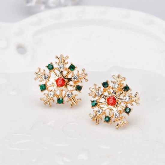Picture of Stylish Ear Post Stud Earrings Gold Plated Christmas Snowflake Multicolor Rhinestone 1.6cm x 1.6cm, 1 Pair