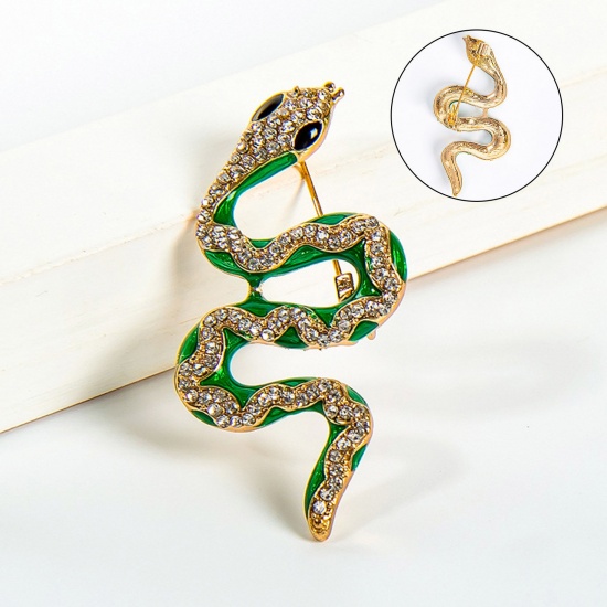 Picture of Gothic Pin Brooches Snake Animal Gold Plated Green Clear Rhinestone 4cm x 3.2cm, 1 Piece