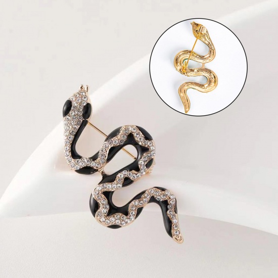Picture of Gothic Pin Brooches Snake Animal Gold Plated Black Clear Rhinestone 4cm x 3.2cm, 1 Piece