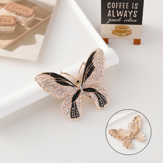 Imagen de Elegante Pin Broches Mariposa Chapado en Oro Negro Esmalte Transparente Rhinestone 7.5cm x 5.7cm, 1 Unidad