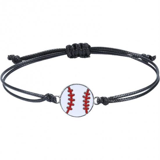 Picture of Sport Waved String Braided Friendship Bracelets Black Baseball Adjustable 15cm-30cm long, 1 Piece