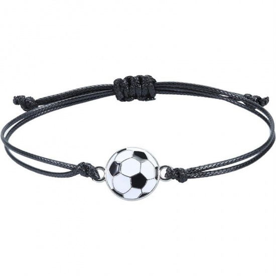 Picture of Sport Waved String Braided Friendship Bracelets Black Football Adjustable 15cm-30cm long, 1 Piece