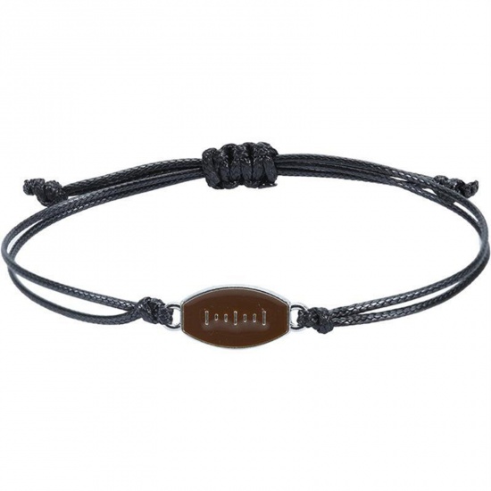 Picture of Sport Waved String Braided Friendship Bracelets Black Football Adjustable 15cm-30cm long, 1 Piece