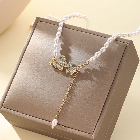Picture of Pendant Necklace Gold Plated Tassel Butterfly Imitation Pearl 52cm(20 4/8") long, 1 Piece