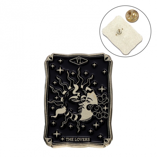 Picture of Tarot Pin Brooches Rectangle Sun And Moon Face Black Enamel 3cm x 2.1cm, 1 Piece