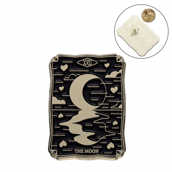 Picture of Tarot Pin Brooches Rectangle Moon Black Enamel 3cm x 2.1cm, 1 Piece