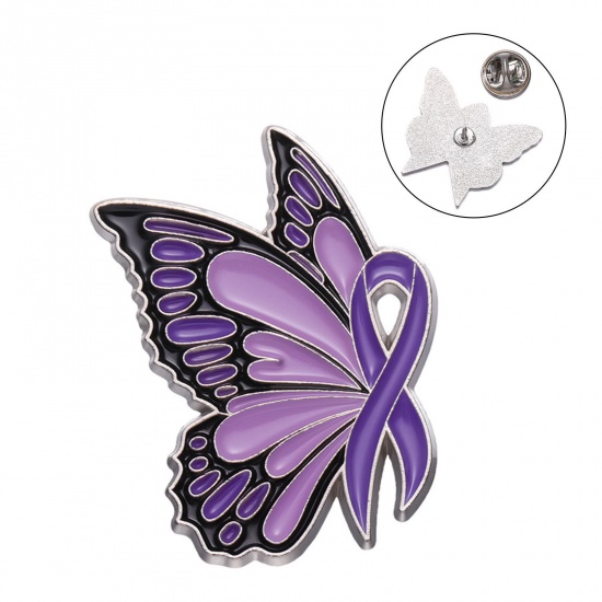 Picture of Insect Pin Brooches Butterfly Animal Ribbon Purple Enamel 3cm x 2.4cm, 1 Piece