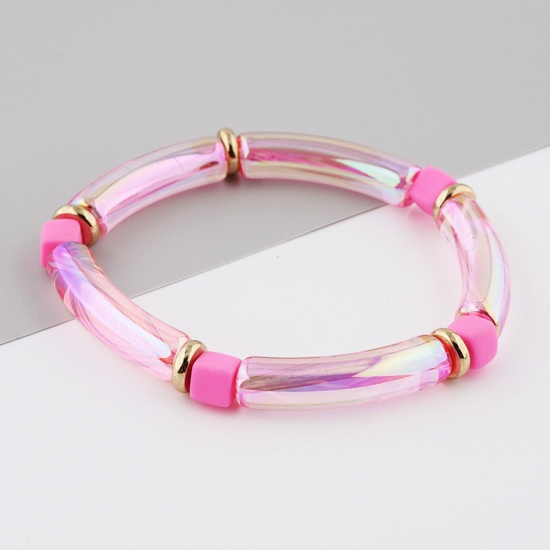 Picture of Acrylic Bangles Bracelets Pink Curved Tube Elastic 6cm Dia, 1 Piece