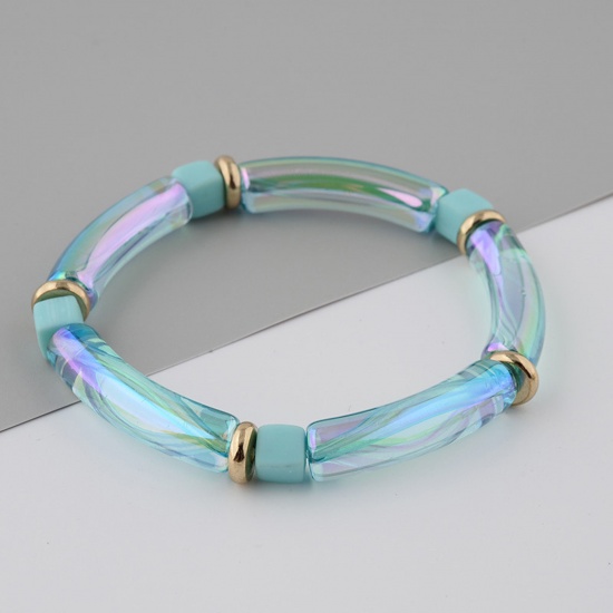 Picture of Acrylic Bangles Bracelets Light Blue Curved Tube Elastic 6cm Dia, 1 Piece