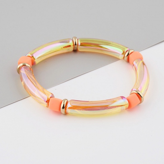 Picture of Acrylic Bangles Bracelets Orange Curved Tube Elastic 6cm Dia, 1 Piece