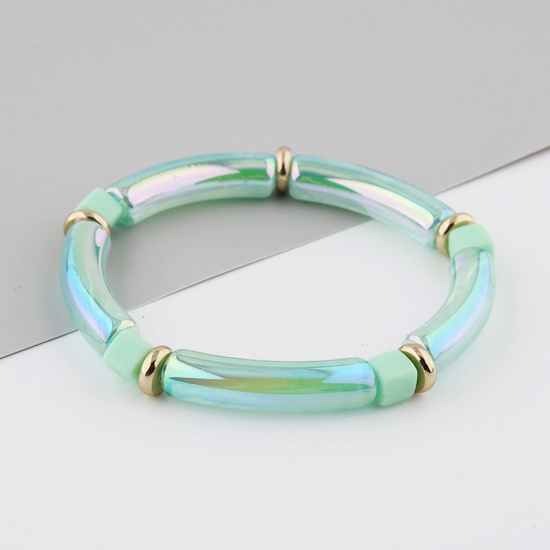 Picture of Acrylic Bangles Bracelets Light Green Curved Tube Elastic 6cm Dia, 1 Piece