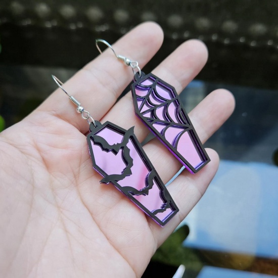 Picture of Acrylic Retro Asymmetric Earrings Silver Tone Purple Halloween Cobweb Halloween Bat 4.8cm x 2cm, 1 Pair