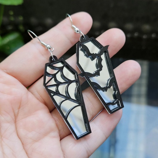 Picture of Acrylic Retro Asymmetric Earrings Silver Tone Silver Color Halloween Cobweb Halloween Bat 4.8cm x 2cm, 1 Pair