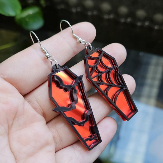 Picture of Acrylic Retro Asymmetric Earrings Silver Tone Red Halloween Cobweb Halloween Bat 4.8cm x 2cm, 1 Pair