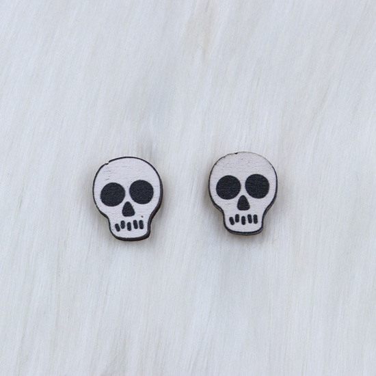 Immagine di Legno Halloween Orecchini a Perno Nero & Bianco Cranio 1.5cm, 1 Paio