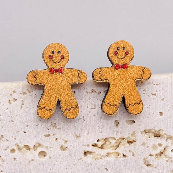 Picture of Wood Cute Ear Post Stud Earrings Orange Christmas Ginger Bread Man 1.5cm, 1 Pair