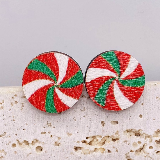 Picture of Wood Christmas Ear Post Stud Earrings Multicolor Round Spiral 1.5cm, 1 Pair