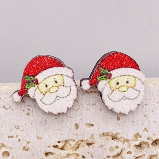Picture of Wood Cute Ear Post Stud Earrings White & Red Christmas Santa Claus 1.5cm, 1 Pair
