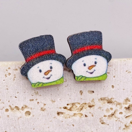 Picture of Wood Cute Ear Post Stud Earrings Multicolor Christmas Snowman 1.5cm, 1 Pair