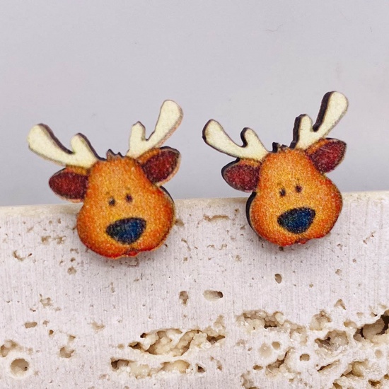 Picture of Wood Cute Ear Post Stud Earrings Brown Yellow Christmas Reindeer 1.5cm, 1 Pair