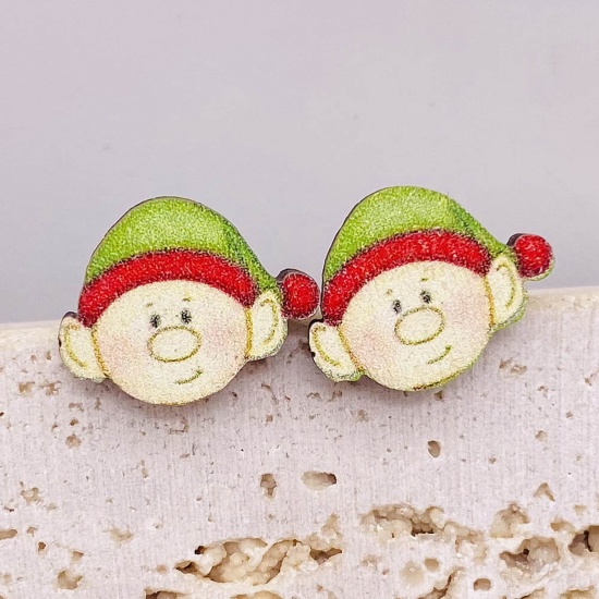 Picture of Wood Cute Ear Post Stud Earrings Multicolor Christmas Clown 1.5cm, 1 Pair