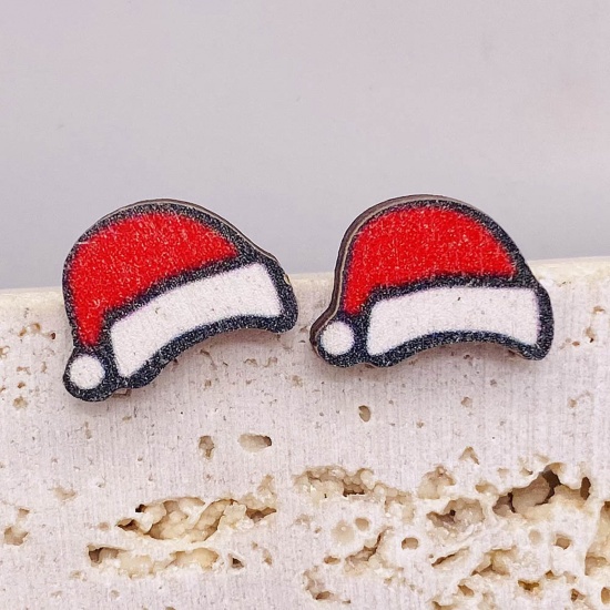Picture of Wood Cute Ear Post Stud Earrings White & Red Christmas Hats 1.5cm, 1 Pair
