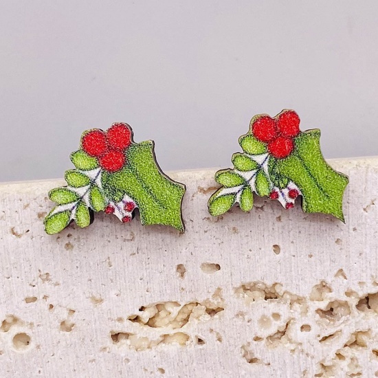 Picture of Wood Cute Ear Post Stud Earrings Red & Green Christmas Holly Leaf 1.5cm, 1 Pair