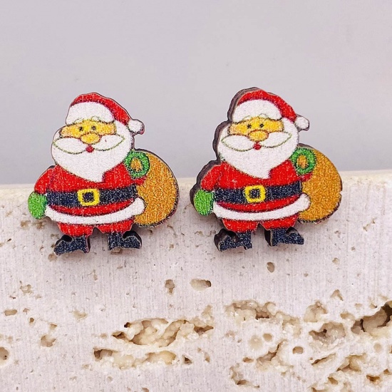 Picture of Wood Cute Ear Post Stud Earrings Multicolor Christmas Gift Bag Christmas Santa Claus 1.5cm, 1 Pair