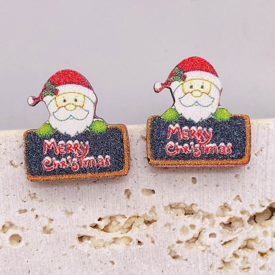 Picture of Wood Cute Ear Post Stud Earrings Multicolor Christmas Santa Claus Message " Merry Christmas " 1.5cm, 1 Pair