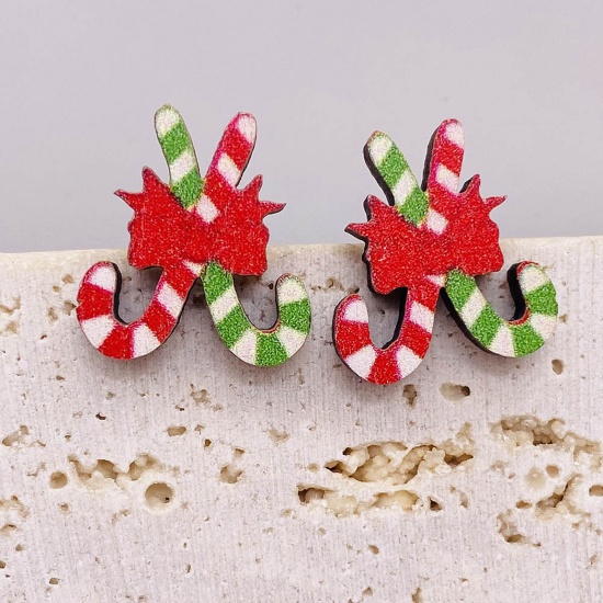 Picture of Wood Cute Ear Post Stud Earrings Red & Green Christmas Candy Cane 1.5cm, 1 Pair