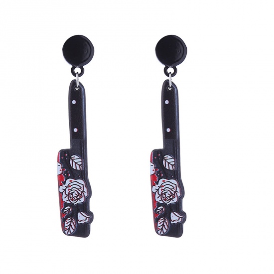 Picture of Acrylic Halloween Earrings Black & White Knife Flower 7cm, 1 Pair