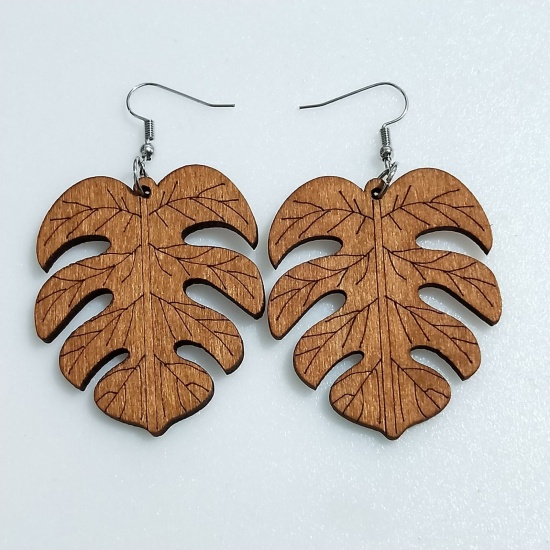 Picture of Wood Retro Earrings Brown Leaf 6cm, 1 Pair