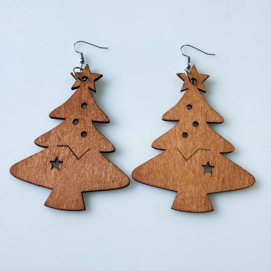Picture of Wood Retro Earrings Brown Christmas Tree Hollow 6cm, 1 Pair