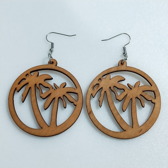 Picture of Wood Retro Earrings Brown Round Coconut Palm Tree Hollow 5cm, 1 Pair