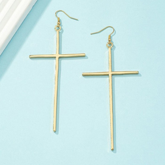 Picture of Religious Earrings Gold Plated Cross 9cm, 1 Pair